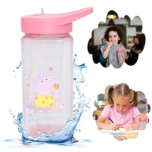 Peppa Pig Wasserflasche mit Strohhalm, 420 ml, 16 cm, Kunststoff, quadratisch, BPA-frei, Strohhalm, Sipper für Kinder ab 6 Monaten von SRV Hub