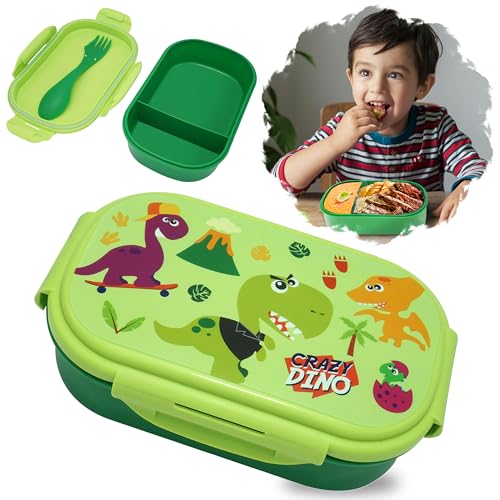 SRV Hub® Lunchbox mit Göffel haben zwei Fächer, BPA-frei, Lebensmittelbehälter für Schule Kinder, Kunststoff-Sandwichbox für Unisex, Kinder, Größe-21 cm (Lunchbox mit Besteck-Crazy Dino) von SRV Hub