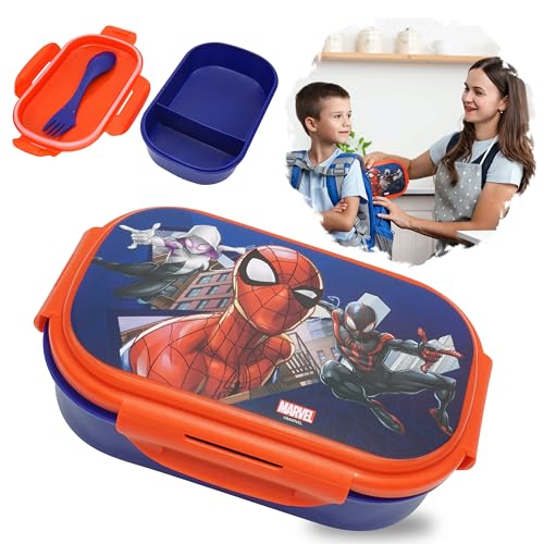 SRV Hub® Lunchbox mit Göffel haben zwei Fächer, BPA-frei, Lebensmittelbehälter für Schule Kinder, Kunststoff-Sandwichbox für Unisex, Kinder, Größe-21 cm (Lunchbox mit Besteck-Spiderman) von SRV Hub