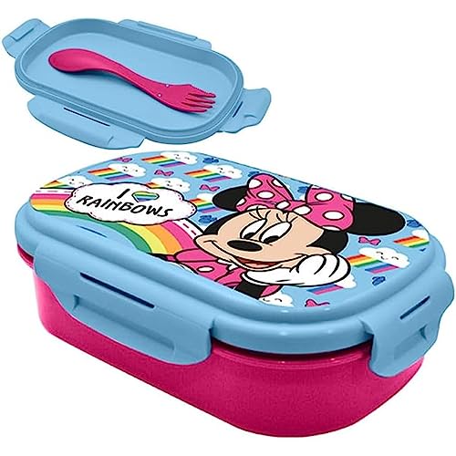 SRV Hub Minnie Mouse rechteckige Lunchbox mit Göffel, Lunchbox mit zwei Fächern, auslaufsicher, mikrowellengeeignet und BPA-frei, geeignet für Kinder ab 3 Jahren, Größe: 21 cm von SRV Hub