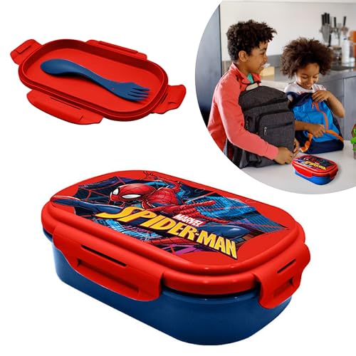 Spiderman Lunchbox, BPA-frei, Kunststoff, Sandwich-Boxen, Kinderfutter, enthält Göffel Besteck (3-in-1-Löffel, Gabel, Messer), geeignet für Kinder, Reisen, Schule, Kindergarten, Picknick ab 3 Jahren, von SRV Hub