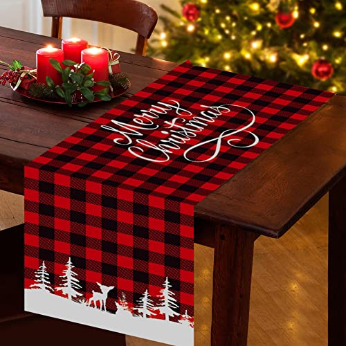 SRXWO Weihnachten Tischläufer, wasserdichte Lang Schwarz Rot Buffalo Plaid Weihnachtsläufer Weihnachtstischdecke 180 x 34 cm, Rechteckige Weihnachtstischläufer Tischdecke für Weihnachten Tischdeko von SRXWO