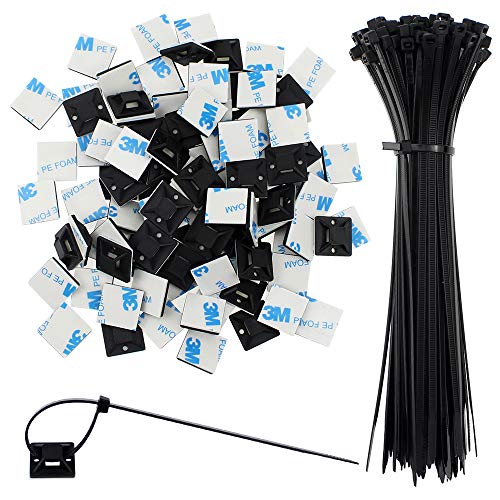 SRunDe 100 Stück Schwarz Kabelbinder Nylon Selbstsichernder Mehrzweck Kabelbinder mit 100 Selbstklebende Kabelbinder Basishalter Montagesockel für den Außen und Außenbereich Festes Kabel und Drahtrohr von SRunDe
