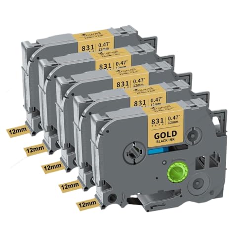 SRxBKC 12 mm laminiertes Etikettband 5 Rollen 10 Rollen Pack kompatibel mit Tze231 Tze221 Tze211 Tze131 Kompatibel mit PTH110 Label Maker(5PK Black on Gold) von SRxBKC