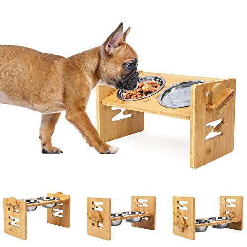 Erhöhte Hundenäpfe verstellbar, erhöhter geneigter Futternapf für französische Bulldogge, abgeschrägter Futternapf für kleine und mittelgroße Hunde, Welpen, mit Bambusständer und 2 Edelstahlnäpfen Erhöhte Hundenäpfe verstellbar, erhöhter geneigter Futternapf für französische Bulldogge, abgeschrägter Futternapf für kleine und mittelgroße Hunde, Welpen, mit Bambusständer und 2 Edelstahlnäpfen von SSAWcasa
