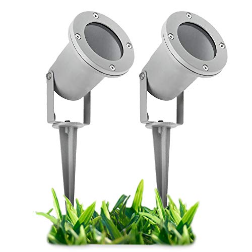 SSC-LUXon 2 Stück LED Gartenstrahler mit Erdspieß für außen - mit 3W GU10 LED warmweiß - Gartenleuchte Kopf schwenkbar in silber grau von SSC-LUXon