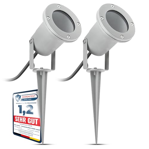 SSC-LUXon 2 Stück LED Gartenstrahler mit Erdspieß für außen - mit 3W GU10 LED warmweiß - Gartenleuchte Kopf schwenkbar in silber grau von SSC-LUXon