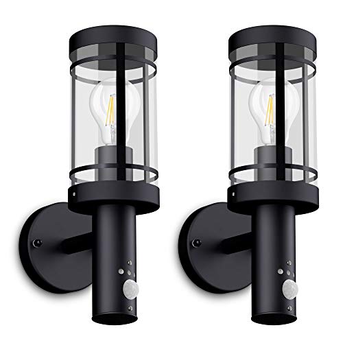 SSC-LUXon 2 Stück LED Wandleuchte MOVI - Laterne mit Bewegungsmelder für Außen IP44 in schwarz inkl. LED E27 6W warmweiß von SSC-LUXon