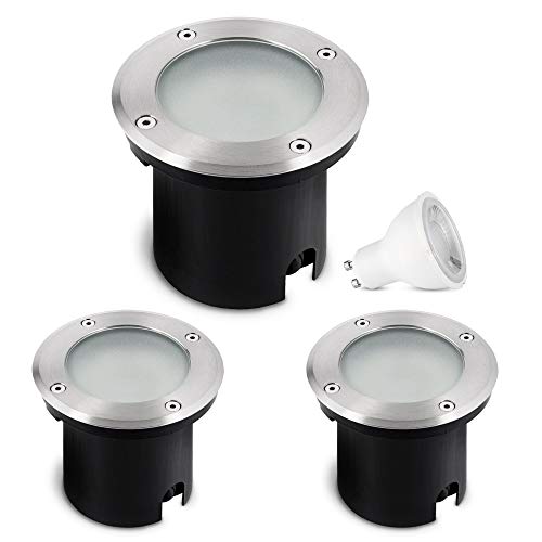 SSC-LUXon 3 Stück LED Bodeneinbauleuchte MARNE für Aussen IP67 - inkl. LED GU10 230V 6W warmweiß - runder Bodenstrahler mit Milchglas von SSC-LUXon