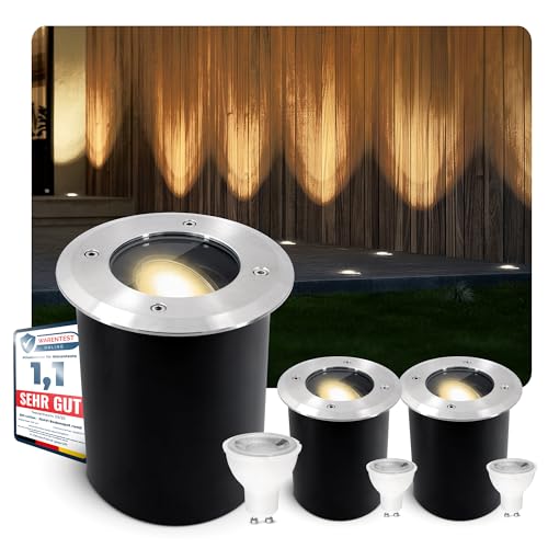 SSC-LUXon 3 Stück JUAVI Bodenstrahler dimmbar & schwenkbar IP67 rund - mit LED GU10 7W warmweiß 230V - Einbaustrahler Boden von SSC-LUXon
