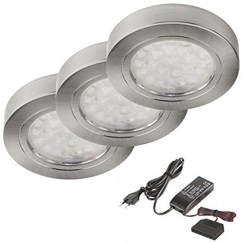 SSC-LUXon 3er Set LED Unterbau-Leuchte Edelstahl gebürstet rund, 2W warm-weiß, Ø65mm inkl.Trafo und 6-fach Verteiler von SSC-LUXon