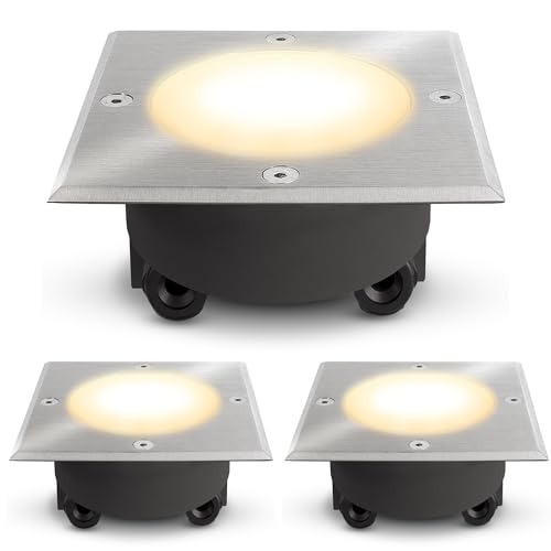 SSC-LUXon 3er Set VIROK Bodeneinbauleuchte LED eckig Außen IP65 - mit GX53 LED 3W warmweiß 230V - Bodenstrahler Durchgangsverdrahtung von SSC-LUXon