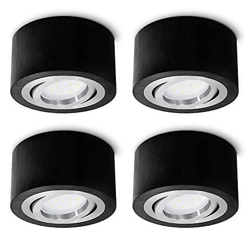 SSC-LUXon 4 Stück flache LED Aufbauspots rund Alu schwarz schwenkbar - mit LED 4W neutralweiß 230V - Spot Aufbau Decke Ø 90mm von SSC-LUXon