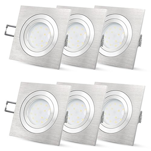 SSC-LUXon 6 Stück LED-Einbaustrahler Set flach für 230V ohne Trafo Einbauleuchte QF-2 schwenkbar Alu gebürstet für Deckeneinbau mit flachem 4W LED-Modul nur 30mm Einbautiefe in warmweiß 2700K von SSC-LUXon