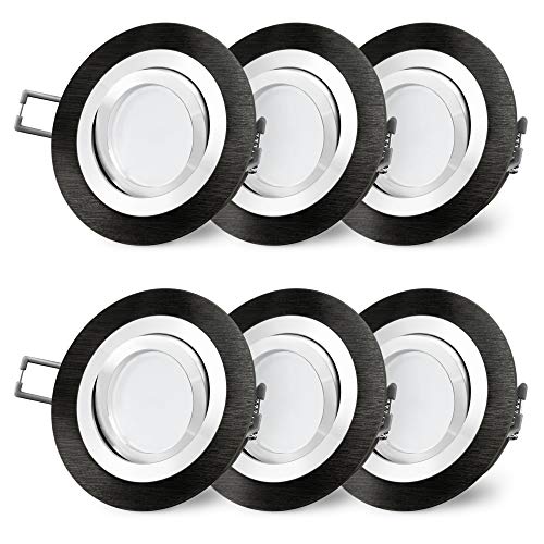 SSC-LUXon 6 Stück RF-2 LED Einbaustrahler rund Alu schwarz gebürstet - mit Milky LED GU10 4W warmweiß 230V - Spot schwenkbar von SSC-LUXon