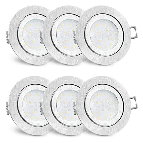 SSC-LUXon 6 Stück RW-2 Einbauleuchten LED Bad flach IP44 Alu gebürstet - mit 4W neutralweiß LED Modul 230V - Deckenspot rund von SSC-LUXon