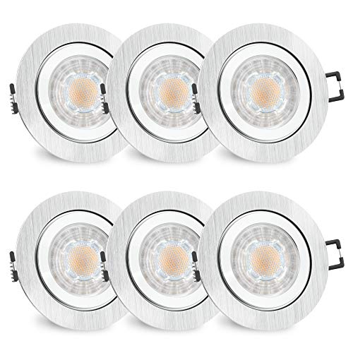 SSC-LUXon 6er Set RW-2 Bad Einbaustrahler GU10 LED - inkl. wechselbarem LED GU10 3W warmweiß - 6x Spot gebürstet rund IP44 Bad & Küche von SSC-LUXon