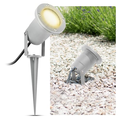 SSC-LUXon LED Gartenstrahler mit Erdspieß für außen in silber/grau Gartenleuchte Kopf schwenkbar mit 3W GU10 LED Lichtfarbe warmweiß von SSC-LUXon