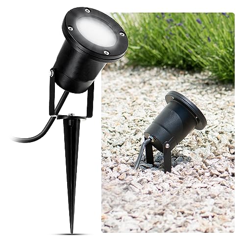 SSC-LUXon LED Gartenleuchte Strahler mit Erdspieß für außen in schwarz - mit 3W GU10 LED neutralweiß - Rasenstrahler Kopf schwenkbar von SSC-LUXon