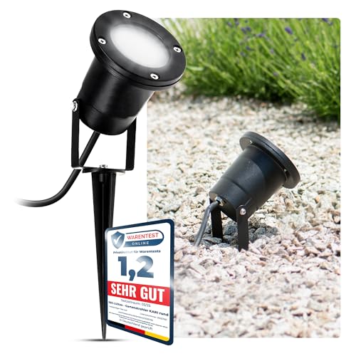 SSC-LUXon LED Gartenleuchte Strahler mit Erdspieß für außen in schwarz - mit 3W GU10 LED neutralweiß - Rasenstrahler Kopf schwenkbar von SSC-LUXon
