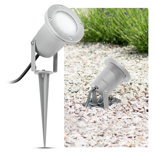 SSC-LUXon LED Spot Garten Strahler mit Erdspieß für außen in grau - mit 3W GU10 LED neutralweiß - Rasenlicht Bodenstrahler schwenkbar von SSC-LUXon
