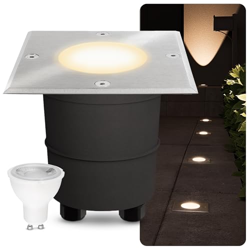 SSC-LUXon MADON Einbau Bodeneinbaustrahler LED für Aussen IP67 - trittfest & befahrbar - Bodenleuchte eckig inkl 7W LED GU10 warmweiß dimmbar von SSC-LUXon