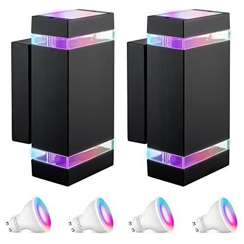 SSC-LUXon 2 Stück ZORA Up Down Wand Außenleuchte LED IP44 mit 4x Smarthome GU10 RGB WLAN - Wandleuchte schwarz eckig steuerung per App & Sprache von SSC-LUXon