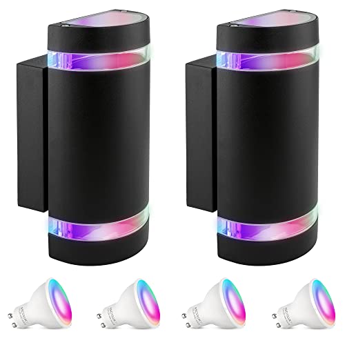 SSC-LUXon 2 Stück ZORA Wandleuchten Außen LED Up Down IP44 mit 4x Smart GU10 RGB WiFi Steuerung per App & Sprache - Wandlampe schwarz halbrund von SSC-LUXon