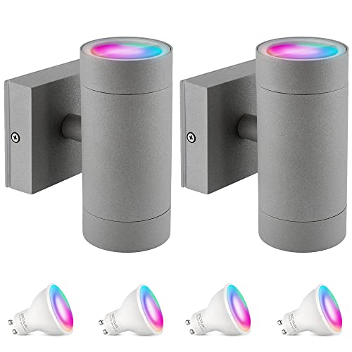 SSC-LUXon 2er Set Aussen Wandlampe anthrazit IP54 inkl. 4x Smart Home WiFi RGB GU10 LEDs - Up Down Wandleuchte Steuerung per App & Sprache von SSC-LUXon