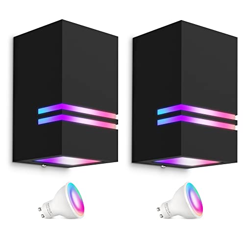 SSC-LUXon 2er Set JOVO-S Wandleuchte schwarz GU10 IP44 mit Smart WiFi RGB LED Birnen (steuerung per App & Sprache) - Außenwandleuchte 1-flammig von SSC-LUXon