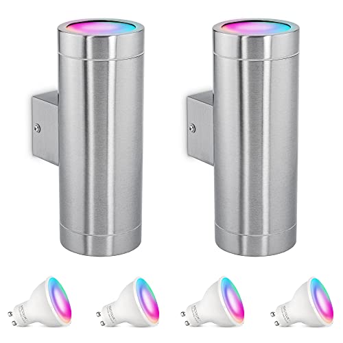 SSC-LUXon 2er Set TIRA Edelstahl Wandlampe Außen IP44 mit 2x Smart WiFi RGB GU10 LEDs - Außen Wandleuchte Up Down Steuerung per App & Sprache von SSC-LUXon