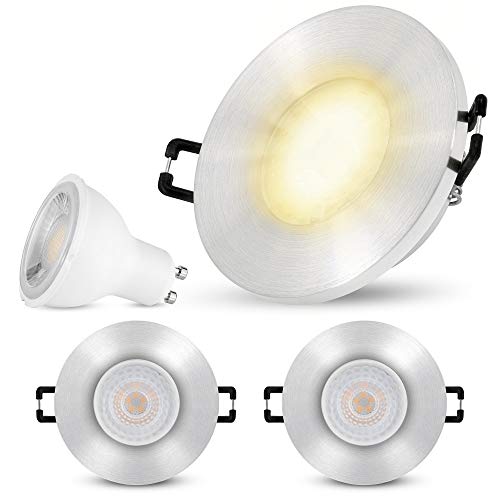 SSC-LUXon 3 Stück BEDA Einbau Downlight IP65 mit LED GU10 Lampe 38° Abstrahlwinkel warmweiß 6W - Einbauspot 230V gebürstet rund von SSC-LUXon