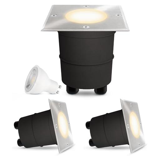 SSC-LUXon 3 Stück LED Bodeneinbaustrahler MADON für Aussen IP67 - inkl. LED GU10 6W warmweiß 230V - Bodenspot eckig mit Echt-Glas matt von SSC-LUXon