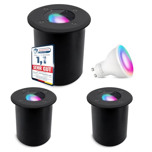 SSC-LUXon 3er Set JUAVI Bodeneinbauleuchte - Steuerbar per App & Sprache - Bodenstrahler schwarz mit Smart GU10 WLAN RGBW 5W dimmbar von SSC-LUXon