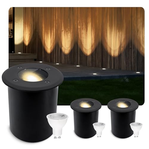 SSC-LUXon 3er Set JUAVI Bodeneinbauleuchte aussen IP67 LED - Bodenstrahler schwarz matt befahrbar - mit GU10 LED Lampe 6W warmweiß von SSC-LUXon