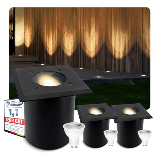 SSC-LUXon 3er Set JUAVI Bodeneinbauleuchte aussen IP67 eckig - Bodenstrahler schwarz befahrbar - inkl. GU10 LED Lampe 3W warmweiß von SSC-LUXon