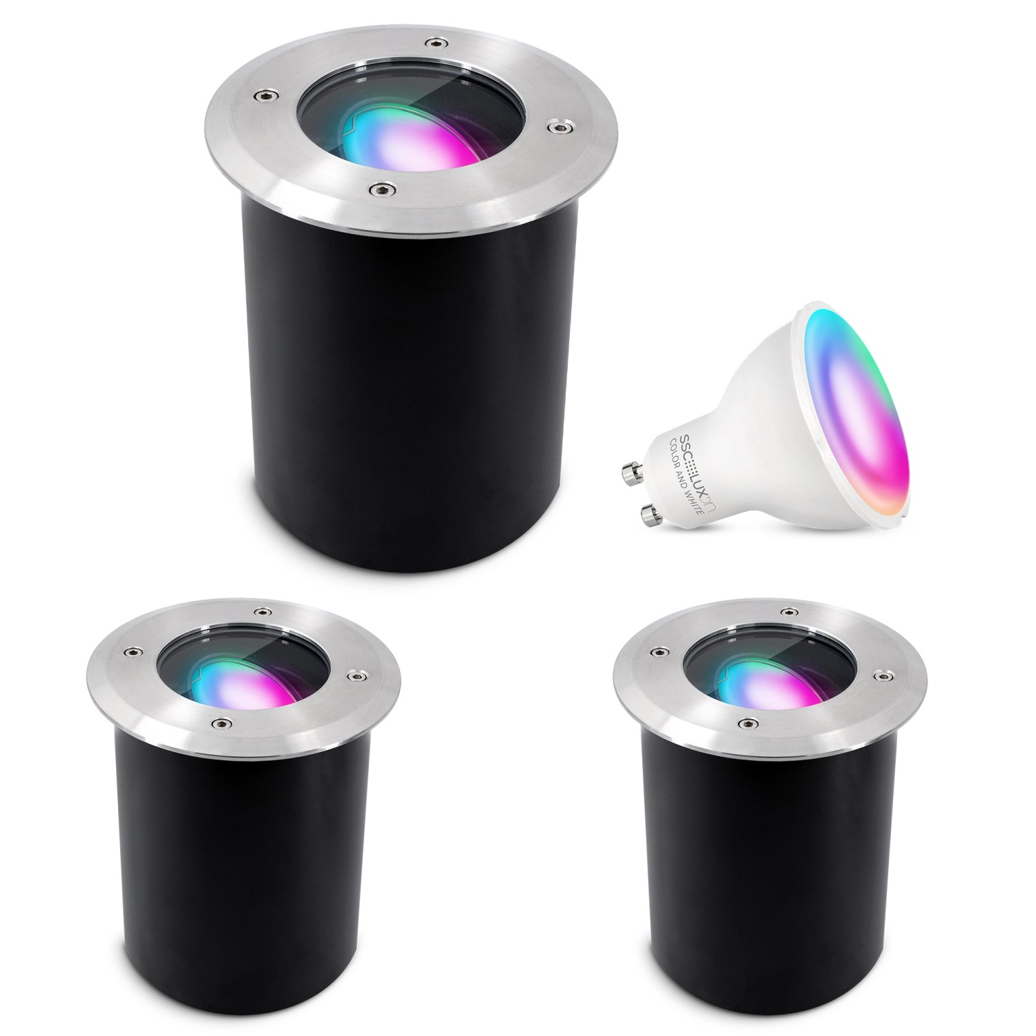 SSC-LUXon 3er Set Juavi Bodeneinbaustrahler Außen Schwenkbar Smart LED GU10 WLAN RGB CCT von SSC-LUXon