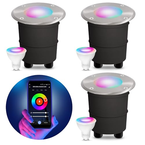 SSC-LUXon 3er Set MARNE Bodeneinbaustrahler Außen LED mit WLAN Smart GU10 RGB CCT - Bodenstrahler rund befahrbar Steuerbar über App & Sprache von SSC-LUXon