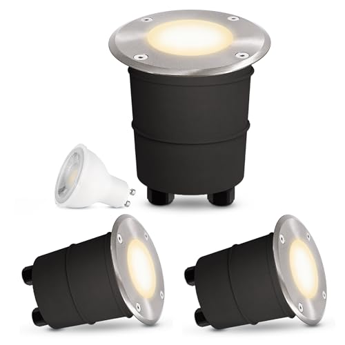SSC-LUXon 3er Set MARNE LED Bodeneinbauleuchte dimmbar für Aussen IP67 - mit LED GU10 dim 7W warmweiß - runder Bodenstrahler gebürstet von SSC-LUXon