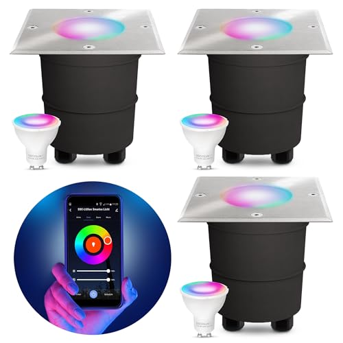 SSC-LUXon 3x MADON Bodeneinbauleuchte LED Außen mit WiFi GU10 Smart RGBW kompatibel mit Alexa, Siri & Google - Bodenleuchte befahrbar von SSC-LUXon