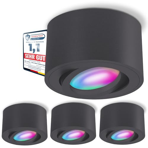 SSC-LUXon 4 Stück CELI-1N Aufbauspots flach schwenkbar kompatibel mit Alexa, Siri & Google - Deckenspot mit Smart RGB+W LED Lampe von SSC-LUXon