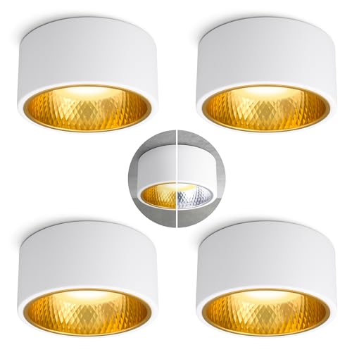 SSC-LUXon 4 Stück OLINO Deckenlampe weiß rund wechselbare Front gold + silber - Aufbaustrahler warmweiß mit LED Lampe GX53 230V von SSC-LUXon