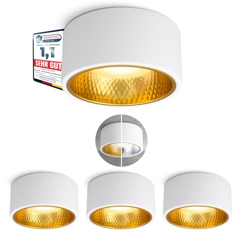 SSC-LUXon 4 Stück OLINO Deckenlampe weiß rund wechselbare Front gold + silber - Aufbaustrahler warmweiß mit LED Lampe GX53 230V von SSC-LUXon