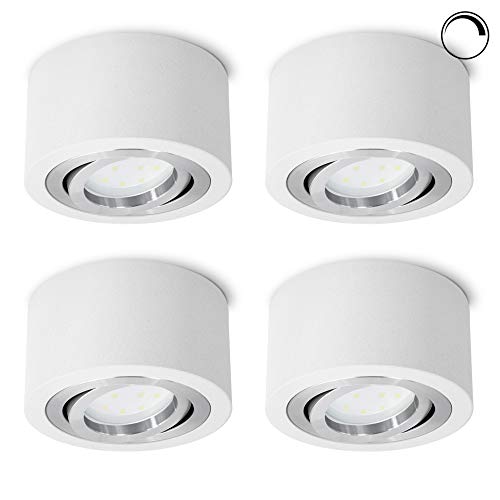 SSC-LUXon 4 Stück flache Aufbauspots LED dimmbar - mit LED Modul 4W warmweiß 230V - Deckenspot weiß rund schwenkbar Ø 90 mm von SSC-LUXon