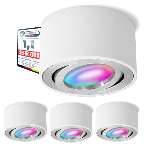 SSC-LUXon 4er Set CELI-1WM Aufbaustrahler flach weiß schwenkbar mit WiFi LED RGB+ Smart - Deckenstrahler kompatibel mit Alexa, Siri & Google von SSC-LUXon