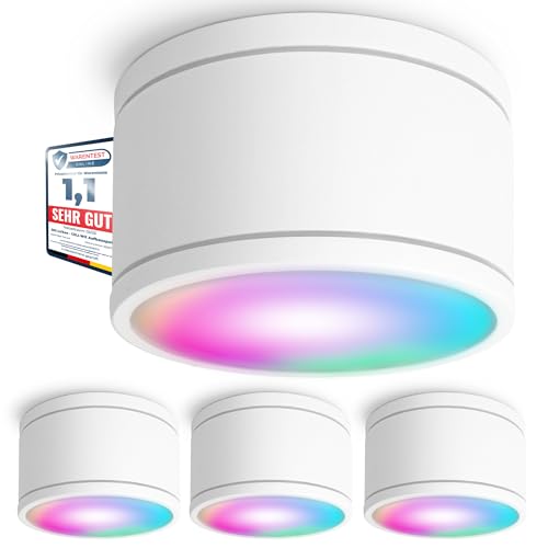 SSC-LUXon 4er Set CELI-WX Aufbauspot IP44 weiss flach mit LED GX53 Lampe kompatibel mit Alexa, Siri & Google - Strahler WLAN Smart RGBW von SSC-LUXon