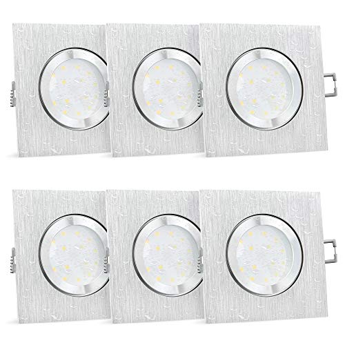SSC-LUXon 6 Stück QW-2 dimmbare Einbaustrahler LED flach Aluminium gebürstet IP44 - mit 4W LED Modul warmweiß 230V - Spot eckig von SSC-LUXon