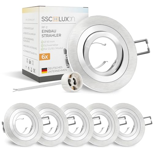 SSC-LUXon 6 Stück RF-2 Einbaustrahler Alu gebürstet rund schwenkbar - Einbauleuchte mit GU10 Fassung (ohne Leuchtmittel) - Spot Einbaurahmen von SSC-LUXon