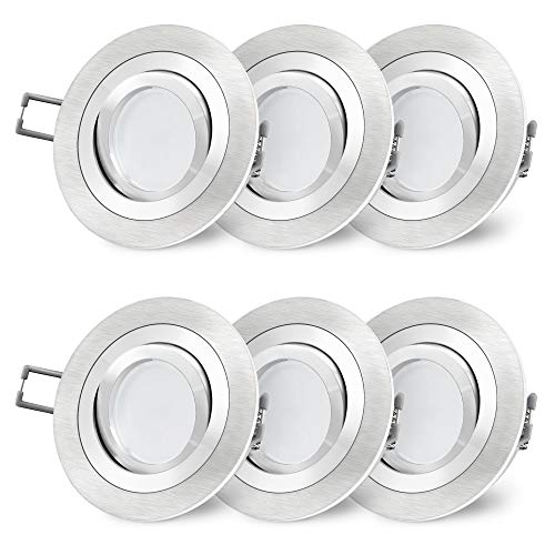 SSC-LUXon 6 Stück RF-2 LED Einbaustrahler gebürstet rund schwenkbar - mit Milky LED GU10 4W 230V warmweiß - Design Einbauspot von SSC-LUXon