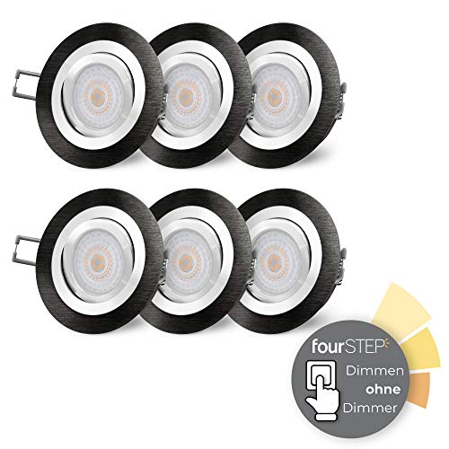 SSC-LUXon 6 Stück RF-2 LED Strahler Einbau flach fourSTEP 5W neutralweiß dimmen ohne Dimmer - Einbaustrahler schwarz schwenkbar von SSC-LUXon